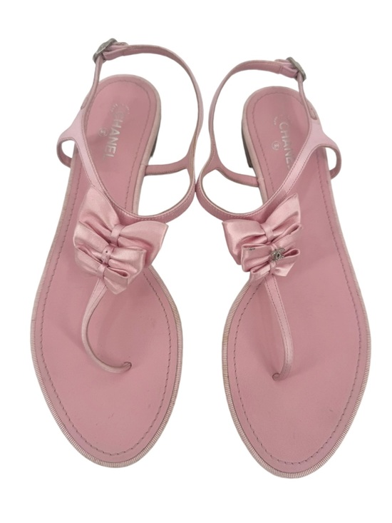 CHANEL Shoes - Chanel Pink Satin Bow Thong Sandals